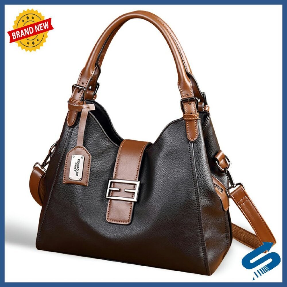 Vegan Leather Tote Bag with Zipper Compartments, Adjustable Strap